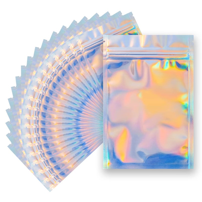 NIKUY 100 Pieces Resealable Smell Proof Bags - 4 x 6 Inches Foil Pouch Bagsï¼Œ Flat Clear Food Storage Bags Plastic Packaging Foil Mylar Bags for Party Favor Food Storage (Holographic Rainbow Color) - Image 1